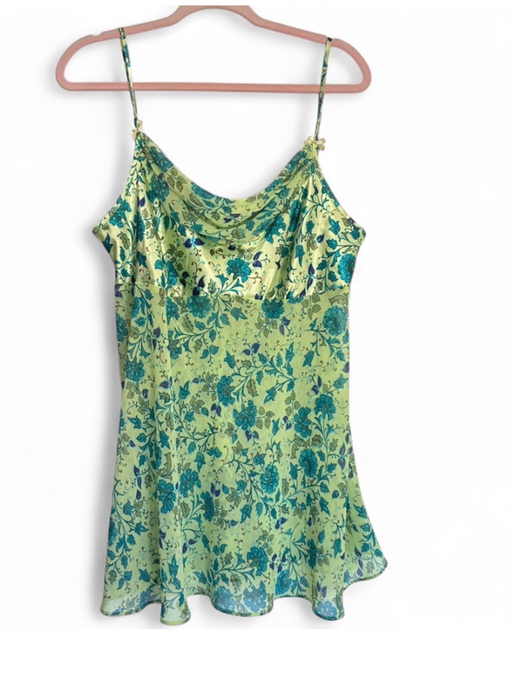 Y2k Vintage Silky Lime Green Floral Slip Dress with sheer bottom & cowl neck - L